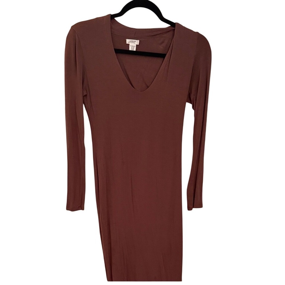 Neutral Long Sleeve V-Neck Bodycon Midi Dress Small Rayon Spandex Solid Minimal
